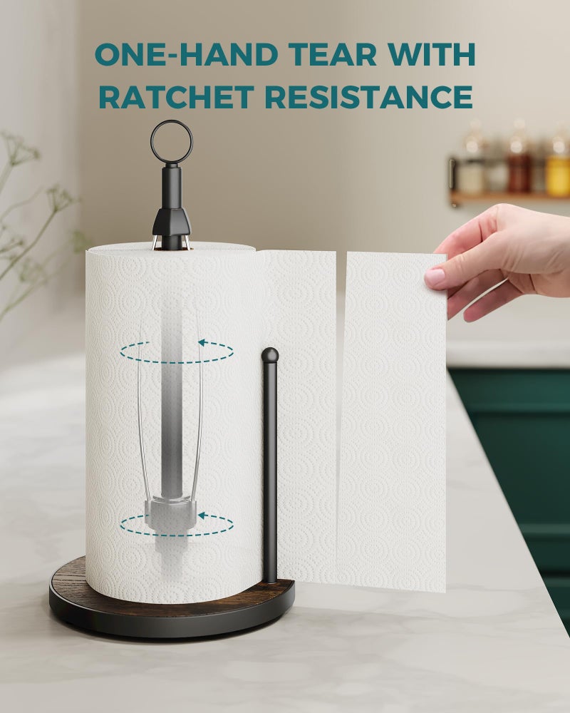 OROPY One-Hand Tear Paper Towel Holder Countertop, Farmhouse Wood Paper Towel Roll Holder with Ratchet Mechanism and Suction Cups fits Standard and Jumbo Size Paper Towels - Image 3