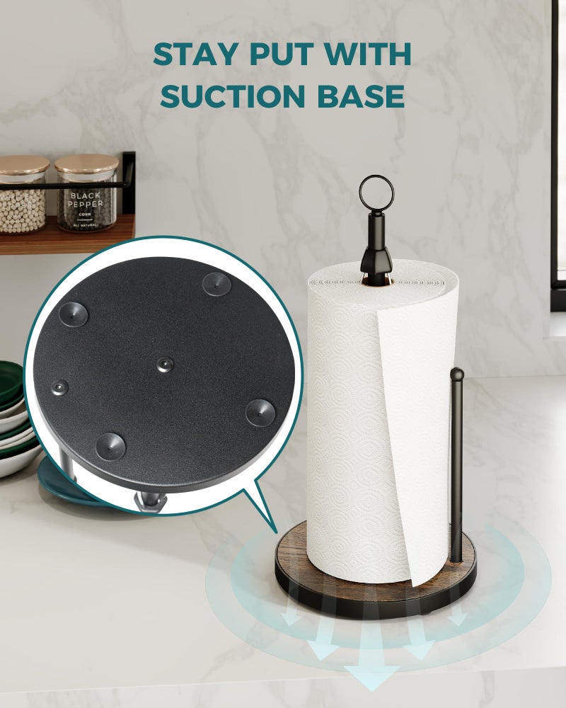 OROPY One-Hand Tear Paper Towel Holder Countertop, Farmhouse Wood Paper Towel Roll Holder with Ratchet Mechanism and Suction Cups fits Standard and Jumbo Size Paper Towels - Image 4
