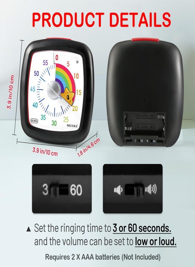 سيكورا مؤقت سيكورا المرئي لمدة 60 دقيقة، مؤقت دراسة صامت للأطفال والكبار، ساعات توقيت، مؤقت عد تنازلي لإدارة الوقت للتدريس (أسود ونجمة) - Image 4