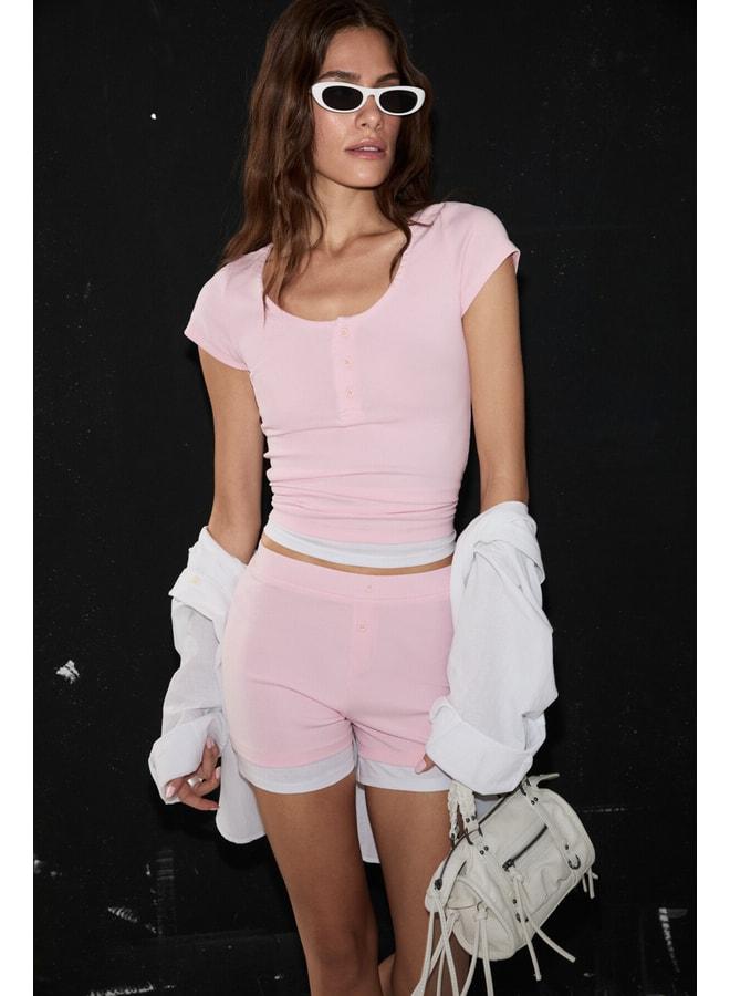 GRIMELANGE PIRENDO Women's Pink Set with Cut-out and Buttoned Collar, Contrast-Trimmed Shorts. - Image 1
