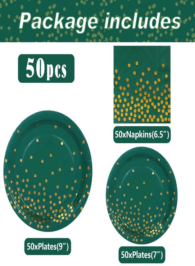 Boocikey 150 PCS Green and Gold Party Decorations,Green Plates and Napkins Party Supplies for 50 Guests,Golden Dot Paper Plates for Birthday Engagement Wedding Christmas Decorations - Image 3