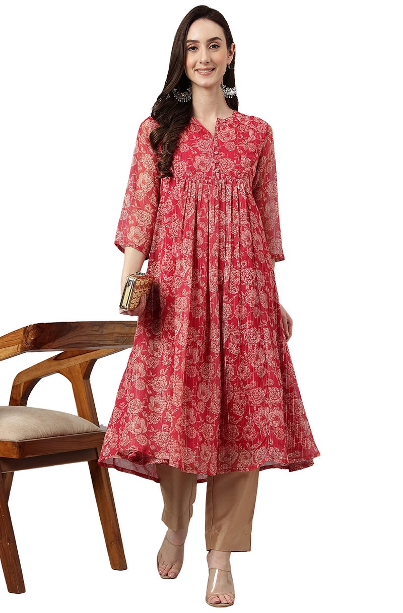 Janasya Women's Dark Pink Chiffon Lurex Floral Printed Flared Kurta(JNE4122-KR-M) - Image 2