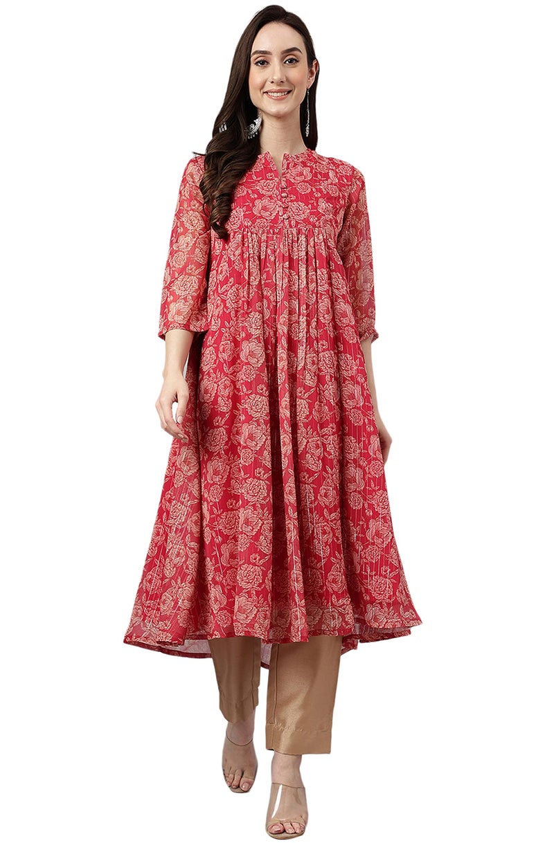 Janasya Women's Dark Pink Chiffon Lurex Floral Printed Flared Kurta(JNE4122-KR-M) - Image 1