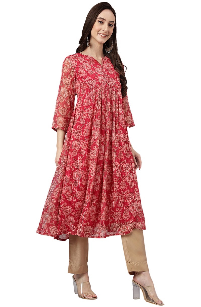 Janasya Women's Dark Pink Chiffon Lurex Floral Printed Flared Kurta(JNE4122-KR-M) - Image 4