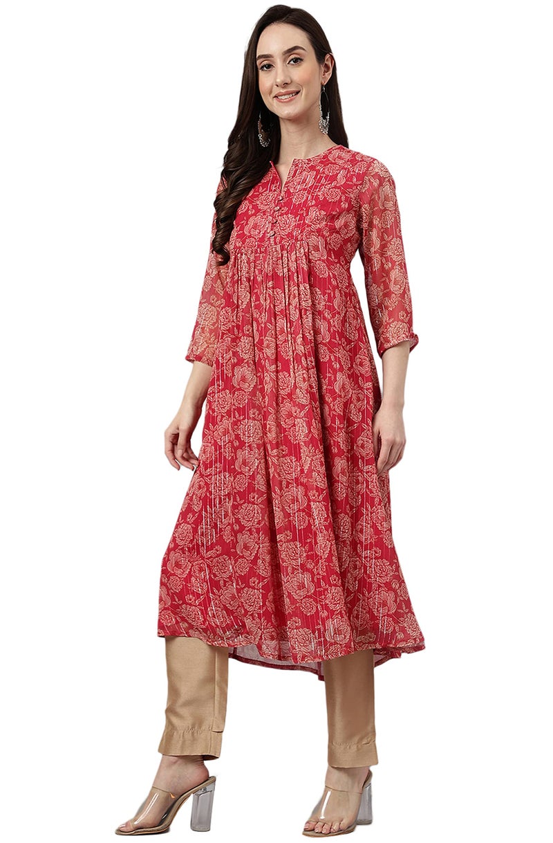 Janasya Women's Dark Pink Chiffon Lurex Floral Printed Flared Kurta(JNE4122-KR-M) - Image 5
