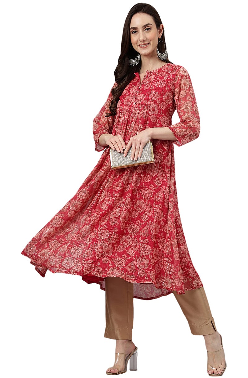 Janasya Women's Dark Pink Chiffon Lurex Floral Printed Flared Kurta(JNE4122-KR-M) - Image 3