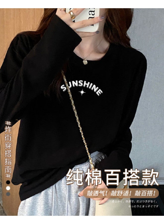 LANG SHA Women'S Long Sleeve Round Neck T-Shirt, Versatile Solid Color Printed Base Layer Top For Women - Image 1