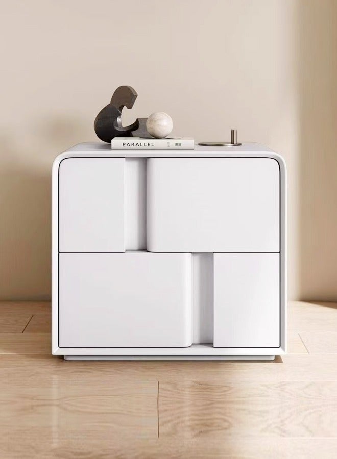 فاشون هوم مجموعة طاولات جانبية فاخرة وعصرية متعددة الأغراض - طاولة جانبية مغطاة بالجلد الإيطالي بزوايا مستديرة ودرجين (50×40×48 سم) وطاولة جانبية من الخشب الصلب مع سطح طاولة من Shining Rock ودرجين (45×40×47 سم)، طاولات جانبية مجمعة بالكامل لغرفة النوم وغرفة المعيشة وتخزين المنزل. - Image 2