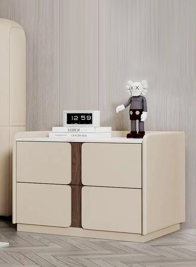 فاشون هوم مجموعة طاولات جانبية فاخرة وعصرية متعددة الأغراض - طاولة جانبية مغطاة بالجلد الإيطالي بزوايا مستديرة ودرجين (50×40×48 سم) وطاولة جانبية من الخشب الصلب مع سطح طاولة من Shining Rock ودرجين (45×40×47 سم)، طاولات جانبية مجمعة بالكامل لغرفة النوم وغرفة المعيشة وتخزين المنزل. - Image 3