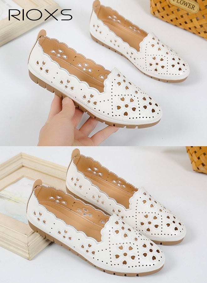 RIOXS Women's Comfort Shoes, Breathable Ballet Flats for Women, Classic Round Toe Dress Shoes, Comfortable Dressy Flats with Flower Eyelets for Ladies, Fashionable Soild Color Slip On Flats, Casual Mary Jane for Work Travel and Daily Wear, Soft Soled Crocs for Mom, White Footwear Flat Shoes - Image 2