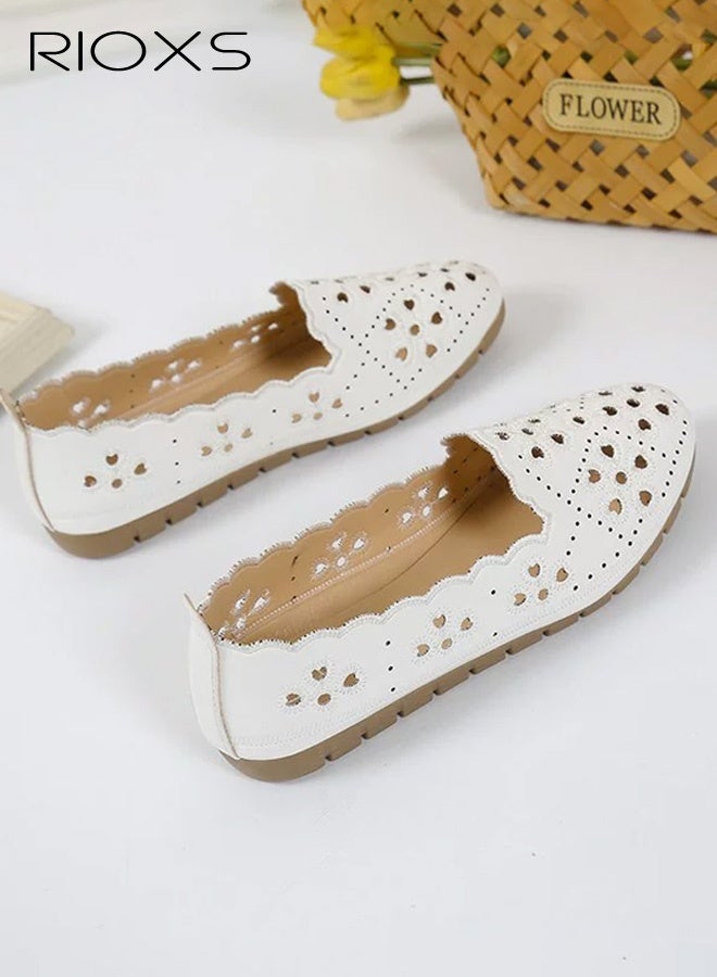 RIOXS Women's Comfort Shoes, Breathable Ballet Flats for Women, Classic Round Toe Dress Shoes, Comfortable Dressy Flats with Flower Eyelets for Ladies, Fashionable Soild Color Slip On Flats, Casual Mary Jane for Work Travel and Daily Wear, Soft Soled Crocs for Mom, White Footwear Flat Shoes - Image 3