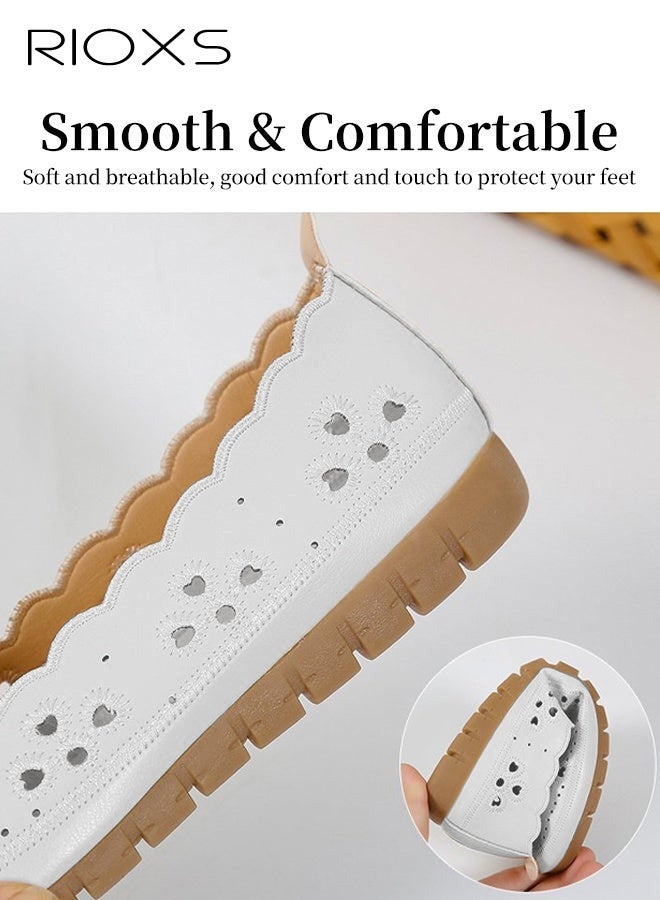 RIOXS Women's Comfort Shoes, Breathable Ballet Flats for Women, Classic Round Toe Dress Shoes, Comfortable Dressy Flats with Flower Eyelets for Ladies, Fashionable Soild Color Slip On Flats, Casual Mary Jane for Work Travel and Daily Wear, Soft Soled Crocs for Mom, White Footwear Flat Shoes - Image 5