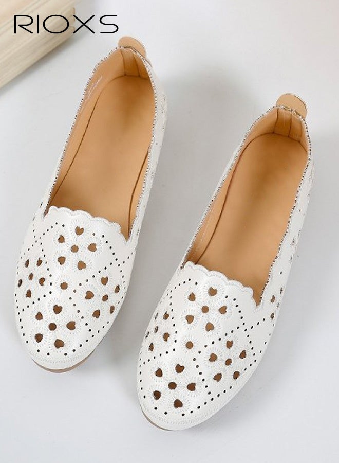 RIOXS Women's Comfort Shoes, Breathable Ballet Flats for Women, Classic Round Toe Dress Shoes, Comfortable Dressy Flats with Flower Eyelets for Ladies, Fashionable Soild Color Slip On Flats, Casual Mary Jane for Work Travel and Daily Wear, Soft Soled Crocs for Mom, White Footwear Flat Shoes - Image 1