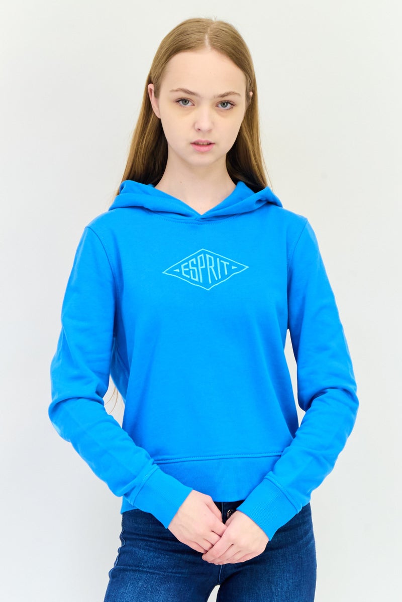 ESPRIT Women Long Sleeves Embroidered Logo Hooded Sweatshirts, Teal Blue - Image 1