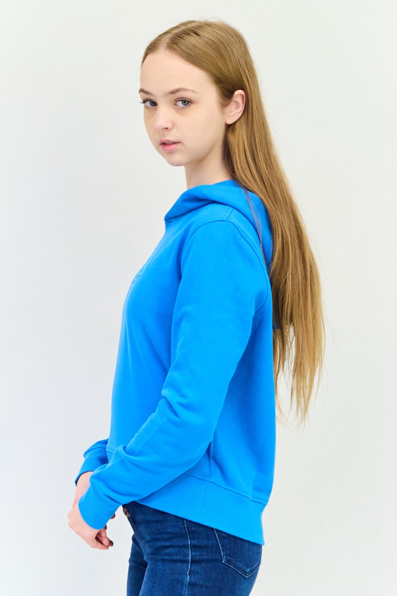 ESPRIT Women Long Sleeves Embroidered Logo Hooded Sweatshirts, Teal Blue - Image 3