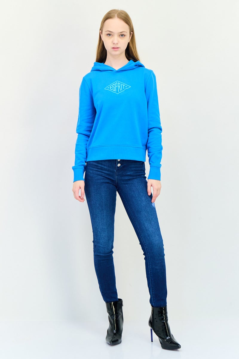 ESPRIT Women Long Sleeves Embroidered Logo Hooded Sweatshirts, Teal Blue - Image 2