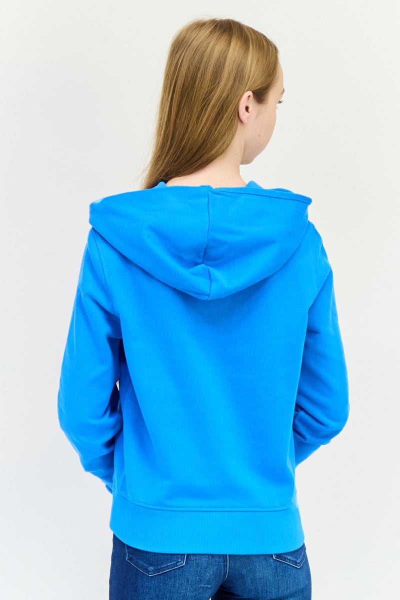 ESPRIT Women Long Sleeves Embroidered Logo Hooded Sweatshirts, Teal Blue - Image 4