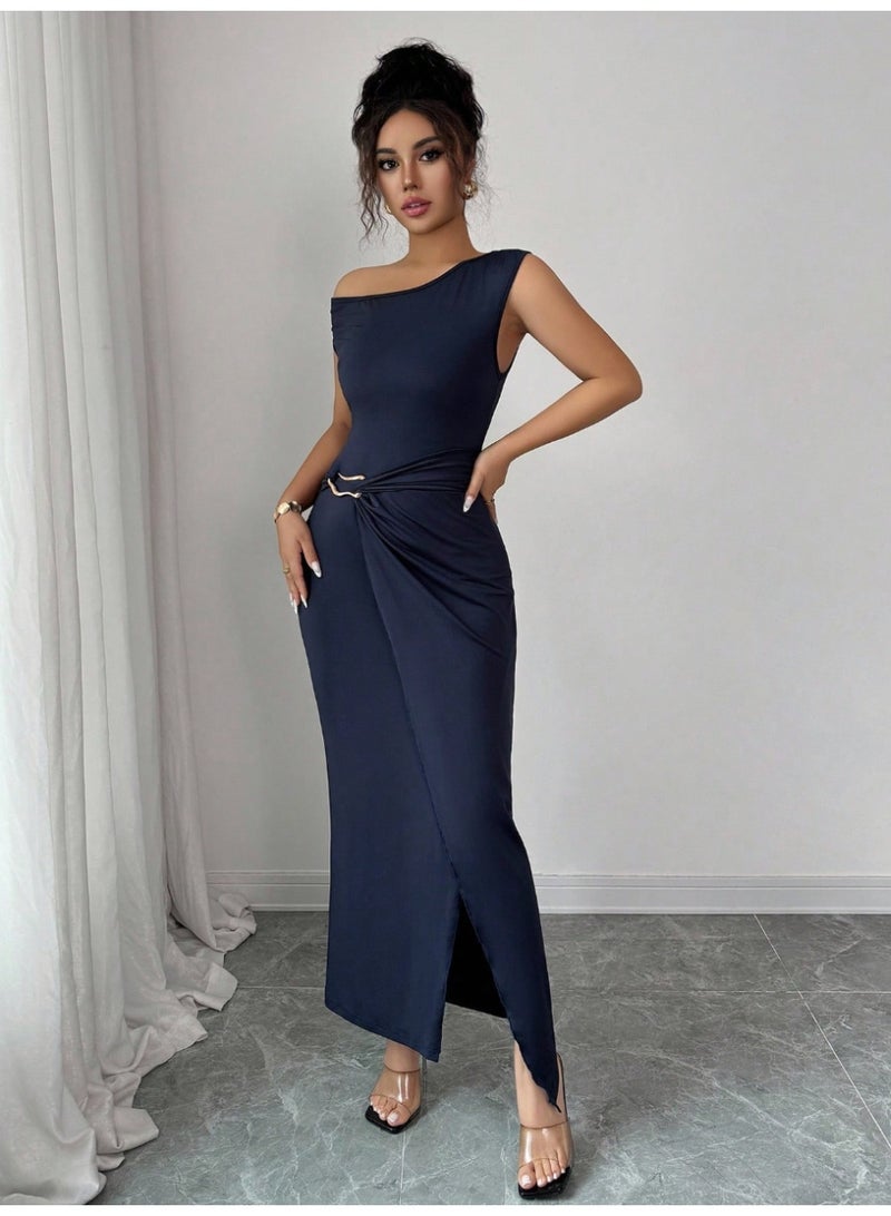 Shein Asymmetric Neck Ruched Waist Gather Skirt Elegant Romantic Women Dress - Image 4