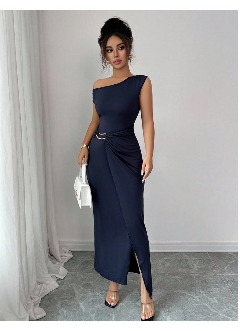Shein Asymmetric Neck Ruched Waist Gather Skirt Elegant Romantic Women Dress - Image 1