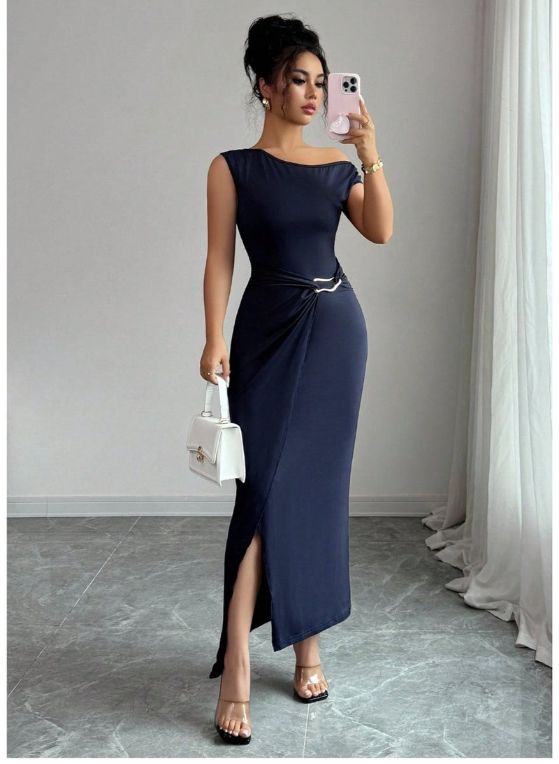 Shein Asymmetric Neck Ruched Waist Gather Skirt Elegant Romantic Women Dress - Image 2