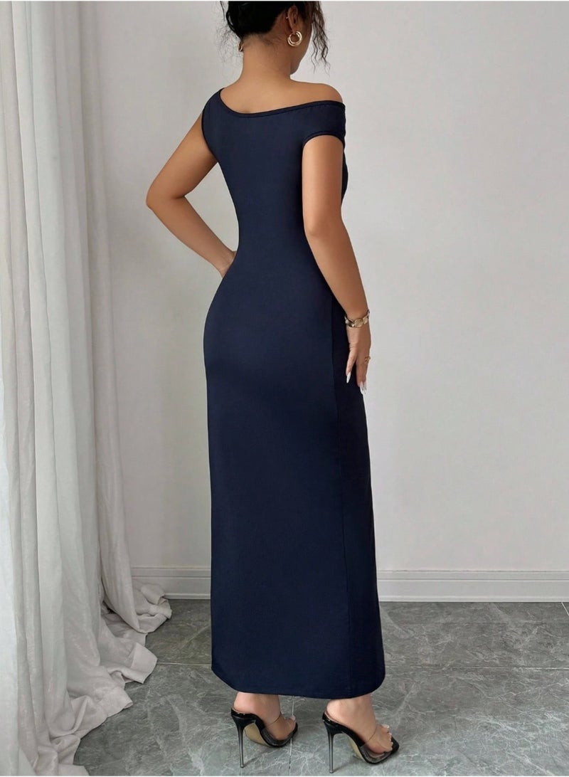 Shein Asymmetric Neck Ruched Waist Gather Skirt Elegant Romantic Women Dress - Image 3