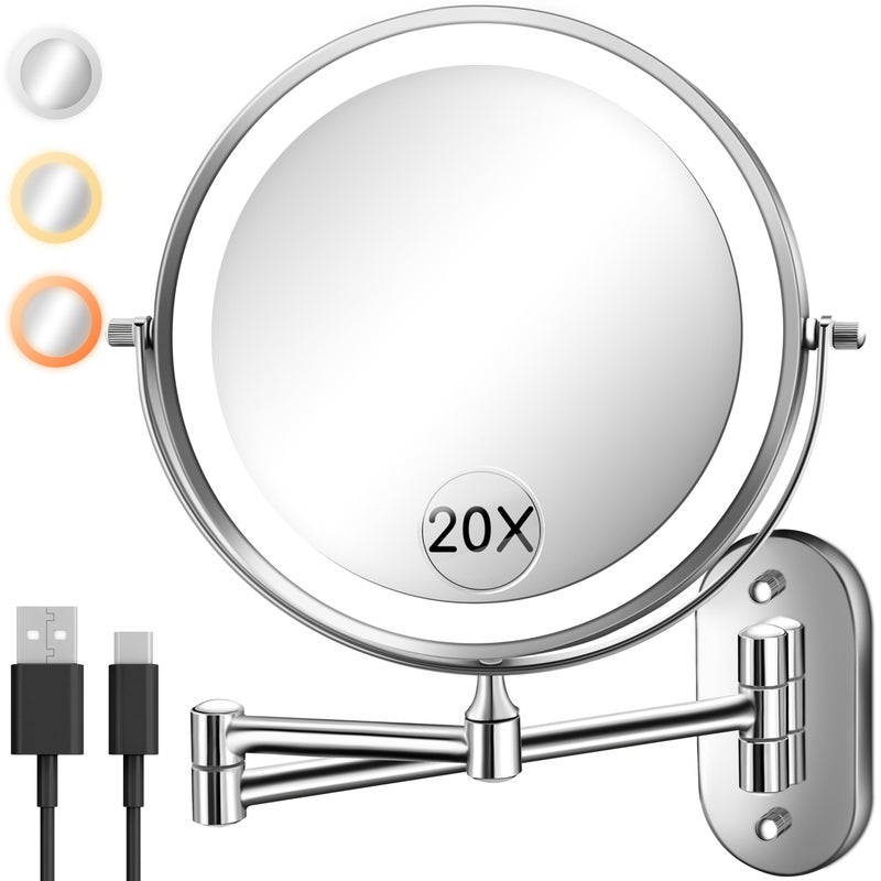 Wall Mounted Makeup Mirror with Light 20X1X 8 Double Sided LED Magnifying Bathroom Lighted Vanity Mirror with Magnification 3 Color Light up Touch Dimmable Extended Arm 360 Rotation