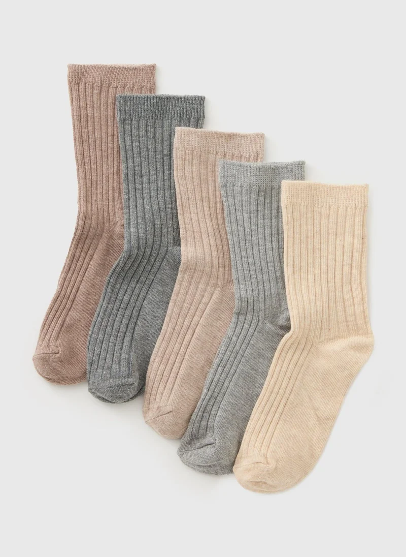 Matalan 5 Pack Girls Neutral Ribbed Socks