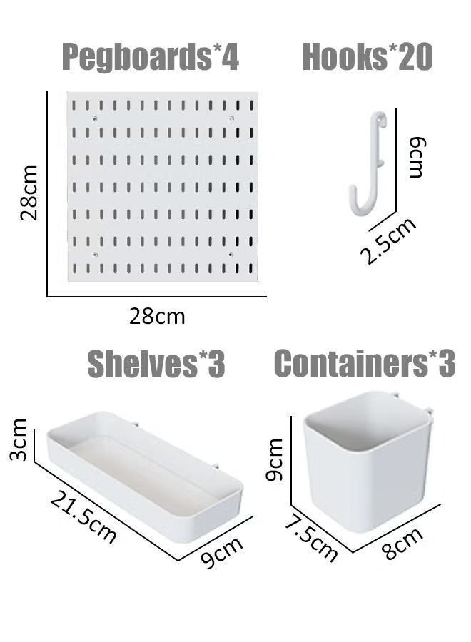 4pcs مجموعة لوح حائط أبيض مثقب منظِّم - رف تخزين عرضي متطور، لوح مثقب معلق للتركيب الذاتي، لتنظيم المنزل والمكتب والكراج والمطبخ وورشة العمل (4 قطع مقاس 28 * 28 سم) - Image 2
