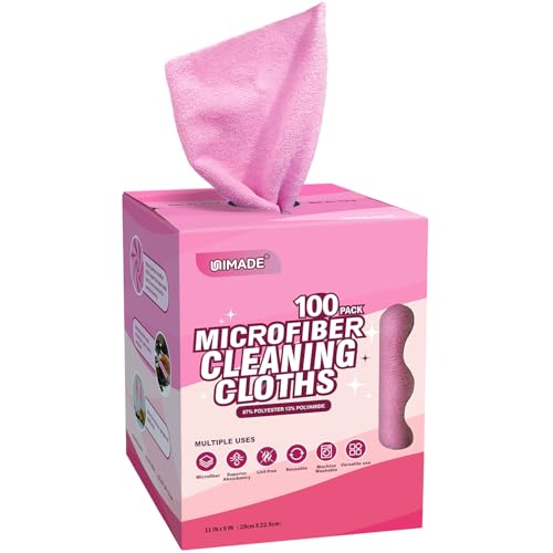 UNIMADE Microfiber Cleaning Cloth, 100 Sheets Microfiber Towels for Cars Commercial Grade Washcloths Lint-Free Bulk Shop Towel Cleaning Rags for Household Restaurant Garage Housekeeping,11"x 9", Pink - Image 1