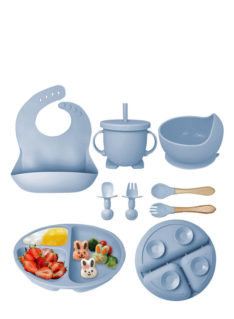 TRASSLE Baby Feeding Set, 8 Pcs Silicone Baby Led Weaning Supplies Includes Cup Baby Plate, Bowl, Adjustable Bib, Cup, Spoon and Fork,BPA Free Baby Weaning Utensils Set for 6+ Months - Image 1