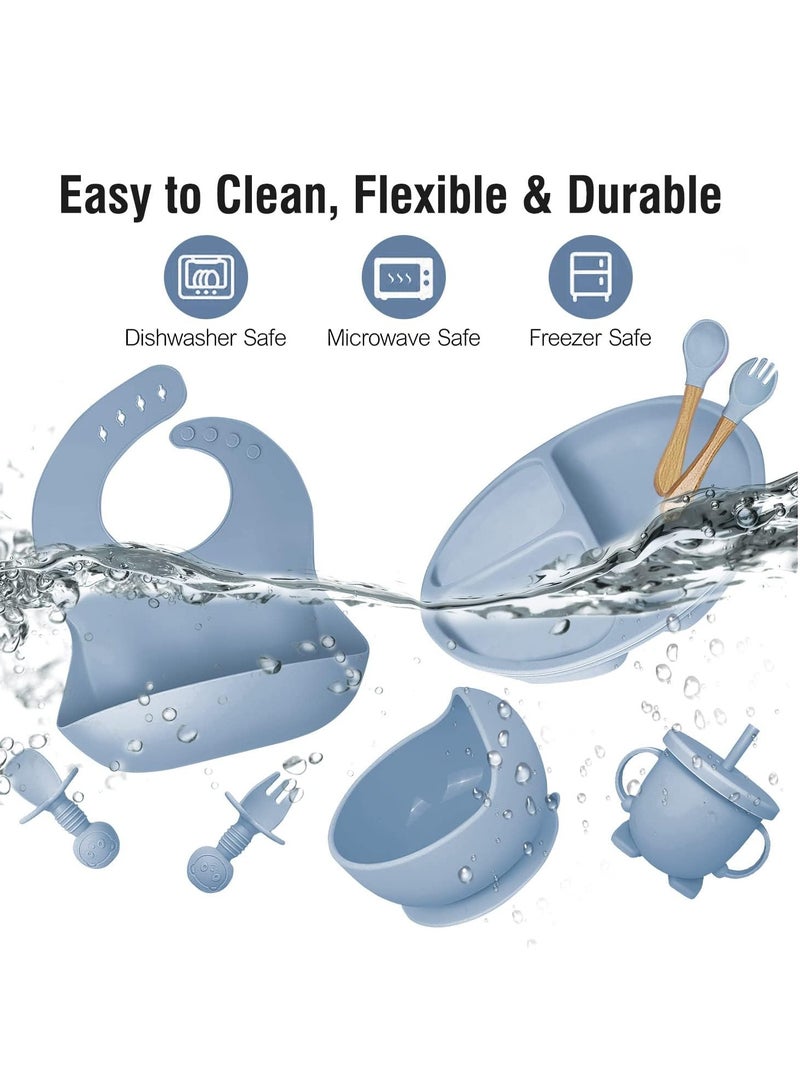 TRASSLE Baby Feeding Set, 8 Pcs Silicone Baby Led Weaning Supplies Includes Cup Baby Plate, Bowl, Adjustable Bib, Cup, Spoon and Fork,BPA Free Baby Weaning Utensils Set for 6+ Months - Image 3