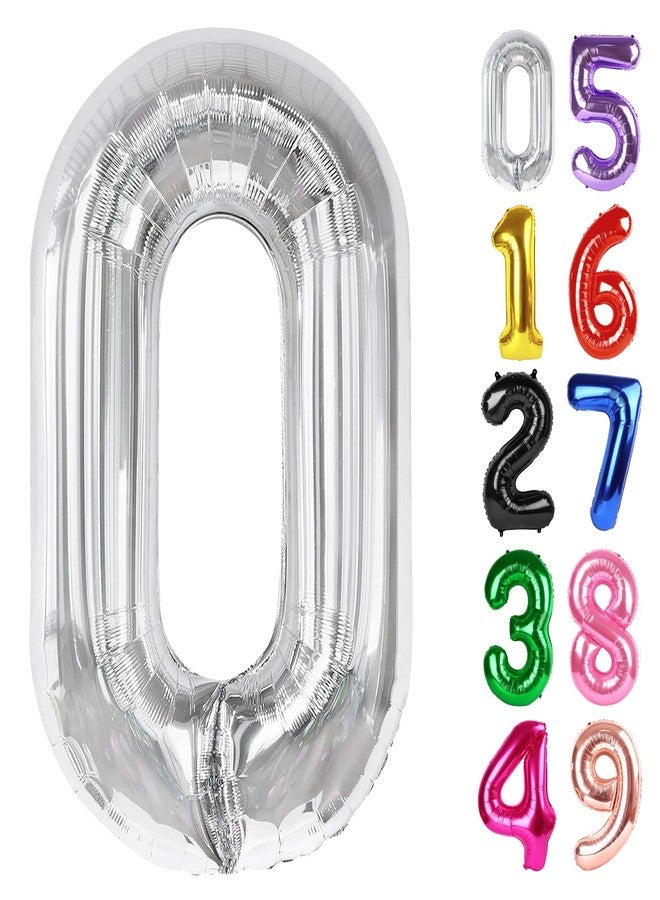 IWERP Silver Number 0 Balloon 40 Inch, 0 Balloon Number for 10th 20th 30th 40th 50th 60th Birthday Decorations, Silver Party Supplies - Image 1