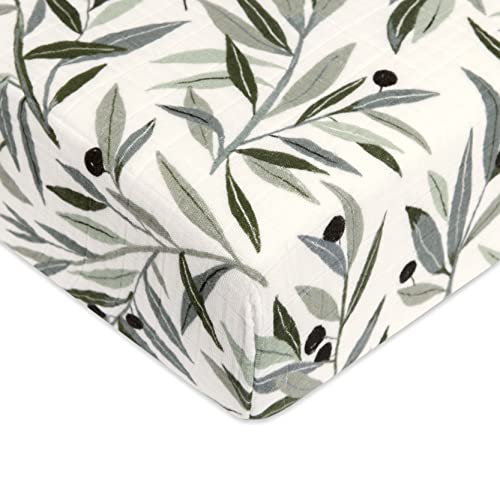 Babyletto 100% Organic Cotton Crib Sheet, GOTS-Certified, Fitted 360°, Ultra-Soft and Breathable Muslin - Olive Branches - Image 1