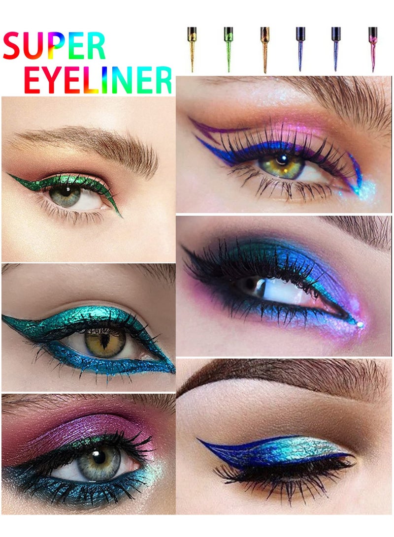 Eyeliner Pen 6pcs Multichrome Glitter Eyeliner Liquid Kit Metallic Shimmer Eye Shadow Set Long Lasting Waterproof Eyeshadows Glitter Makeup Set - Image 2