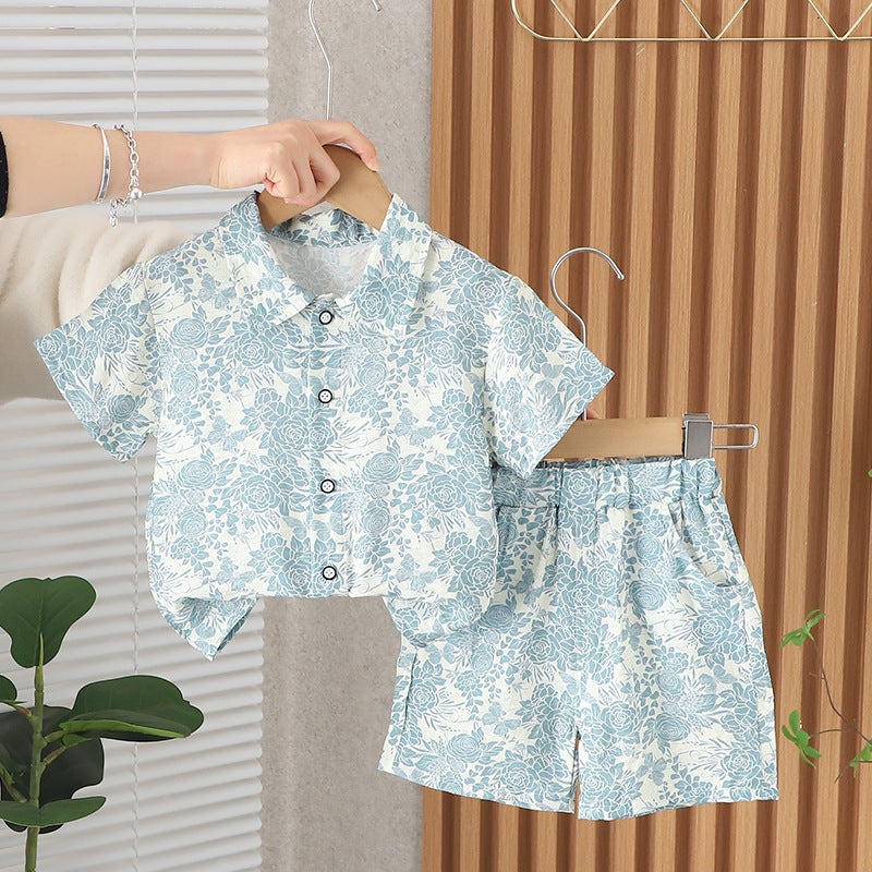 Foreign trade new summer boys shirt full-body printed short sleeve casual cotton pants two-piece set manufacturers wholesale azure blue