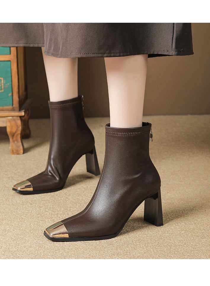 Loquat Coarse Heel Square Toe Temperament Short Boots - Image 1