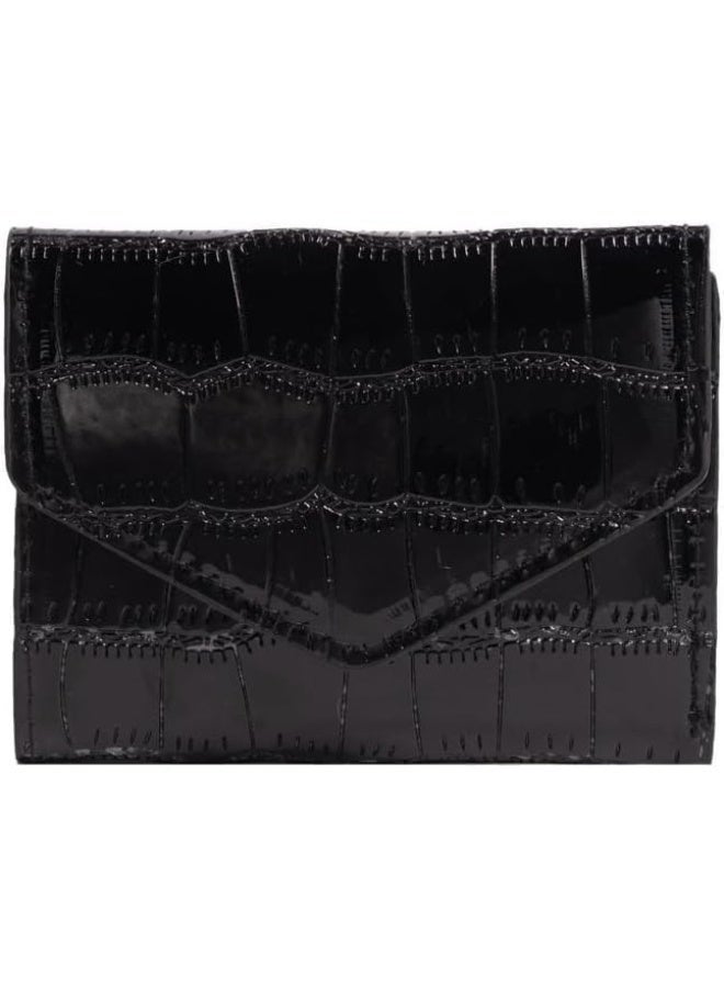 Luxury women's wallet with a crocodile-embossed leather pattern – a stylish and compact mini design with multiple card slots and a pocket for bills and coins – durable, glossy leather material that easily fits in any bag – perfect organization and everyday convenience in one compact and fashionable wallet – black color - Image 1