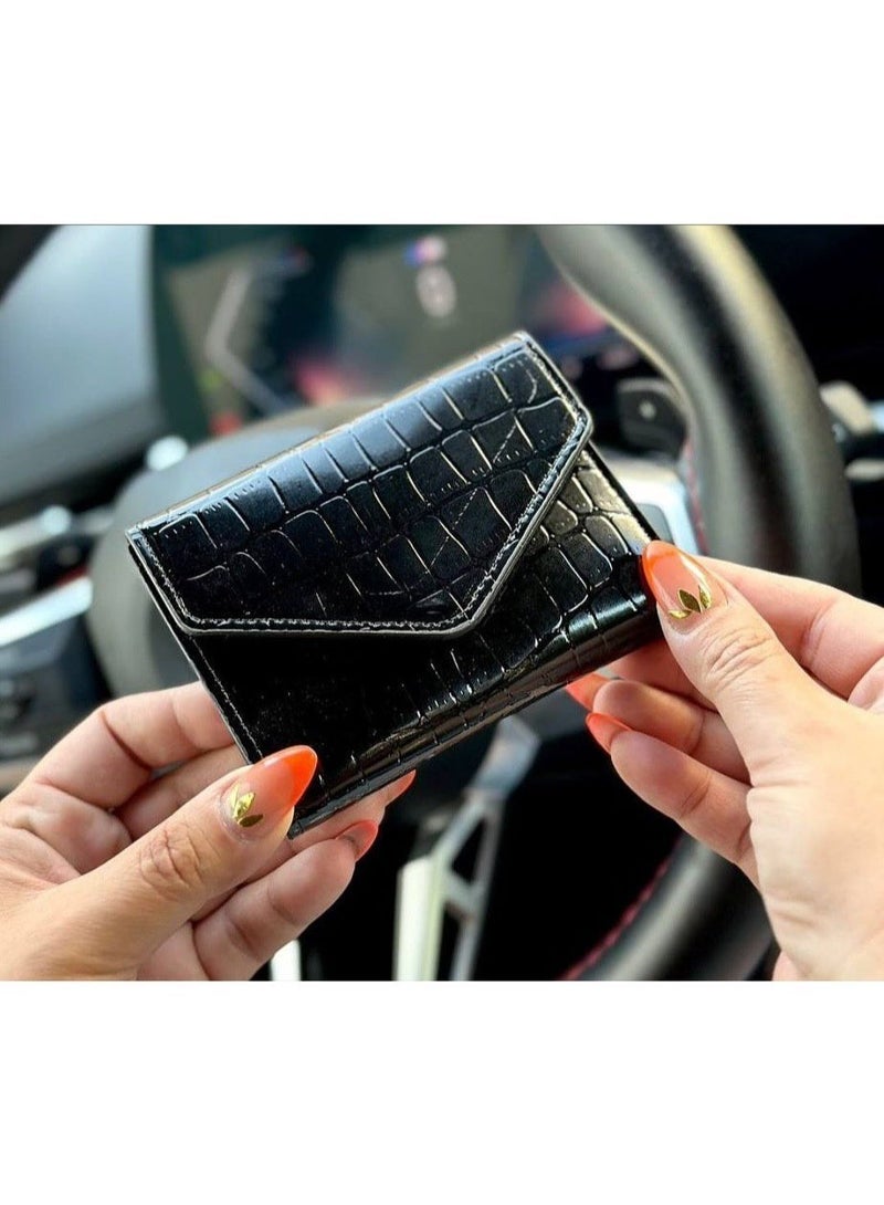 Luxury women's wallet with a crocodile-embossed leather pattern – a stylish and compact mini design with multiple card slots and a pocket for bills and coins – durable, glossy leather material that easily fits in any bag – perfect organization and everyday convenience in one compact and fashionable wallet – black color - Image 2