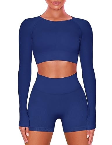 Buttergene Women Workout Sets 2 Pieces Long Sleeve Yoga Outfits Gym Clothes Seamless Ribbed Crop Top High Waist Leggings - Image 1