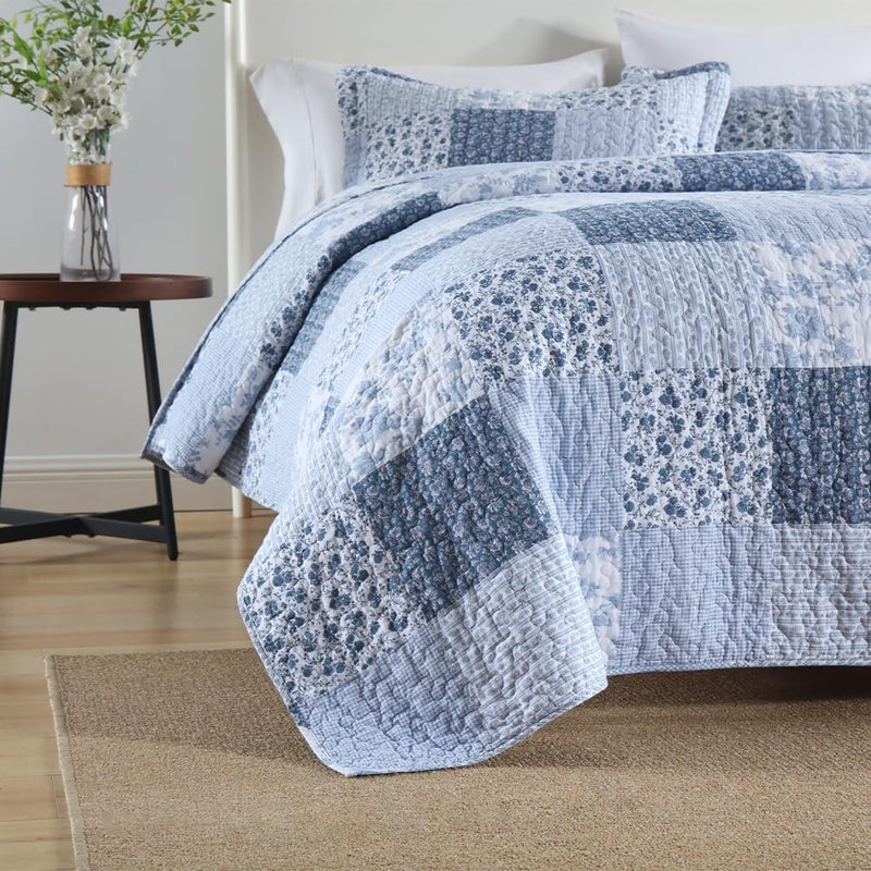 ENASAL Cotton Bedspread Quilt Bedding Sets Reversible Coverlet Sets Comforters Rustic Floral White Blue Patchwork Pattern Bedspread for All Season, King Size - Image 5