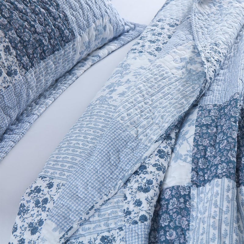 ENASAL Cotton Bedspread Quilt Bedding Sets Reversible Coverlet Sets Comforters Rustic Floral White Blue Patchwork Pattern Bedspread for All Season, King Size - Image 3