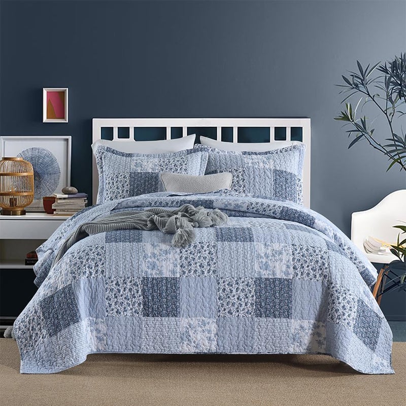 ENASAL Cotton Bedspread Quilt Bedding Sets Reversible Coverlet Sets Comforters Rustic Floral White Blue Patchwork Pattern Bedspread for All Season, King Size - Image 1