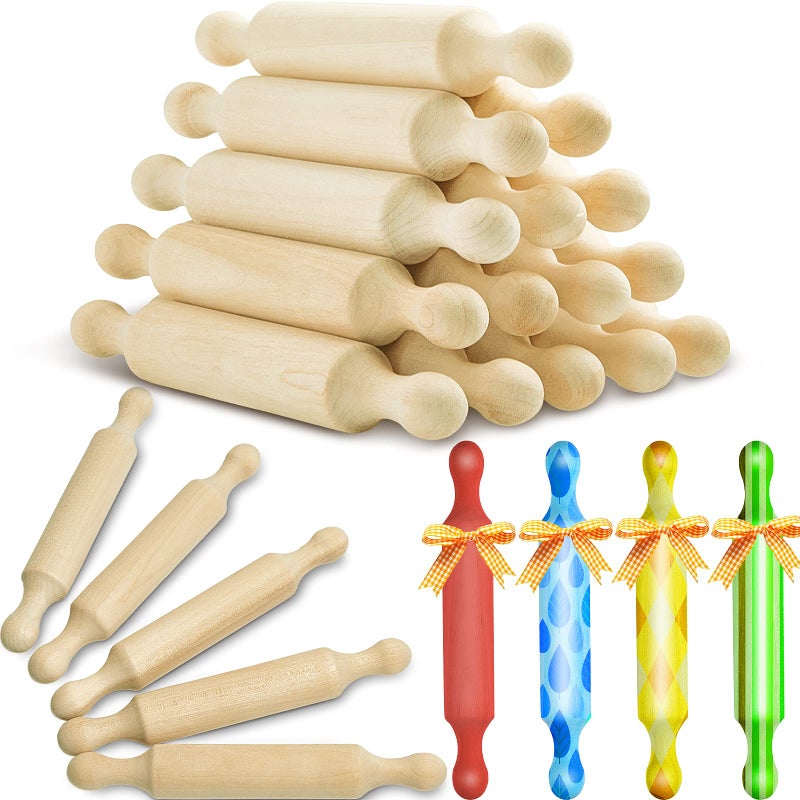 Suclain 15 Pcs Wooden Mini Rolling Pin Long Kitchen Baking Small Dough Rolling Pin for Children Fondant Pastry Pizza Crafting and Imaginative Play for Halloween and Christmas Presents 7 Inches
