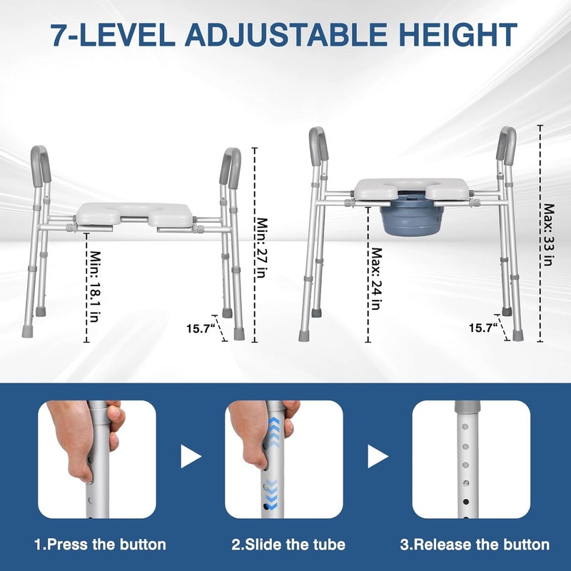 500lbs (Approximately 227kg) Raised Toilet Seat with Handles - Width & Height Adjustable Elevated Toilet Seat Risers for Seniors Elongated - Multi-Use Toilet Riser with Handles （with Bucket） - Image 3