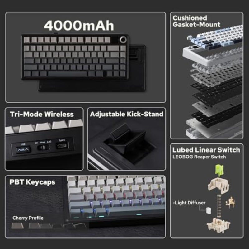X AULA F75 MAX Tri-Mode Wireless Gaming Keyboard for FPS and MOBA, PBT keycaps, white-gray color, ultra-low latency and hot-swappable switches - Image 2