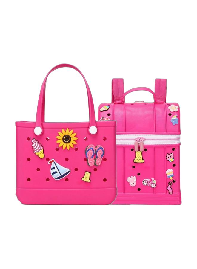 EVA Rubber Beach Tote Bag with 5 Summer Charms | Waterproof, Durable & Easy-to-Clean | Spacious Summer Beach Bag for Women & Family | (Magenta- Medium) & Durable EVA Beach Bag for Kids | Colorful, Water-Resistant Children's Book Bag with Fun Fixed Charms | Comfortable & Easy to Clean | (Magenta) Bundle - Image 1