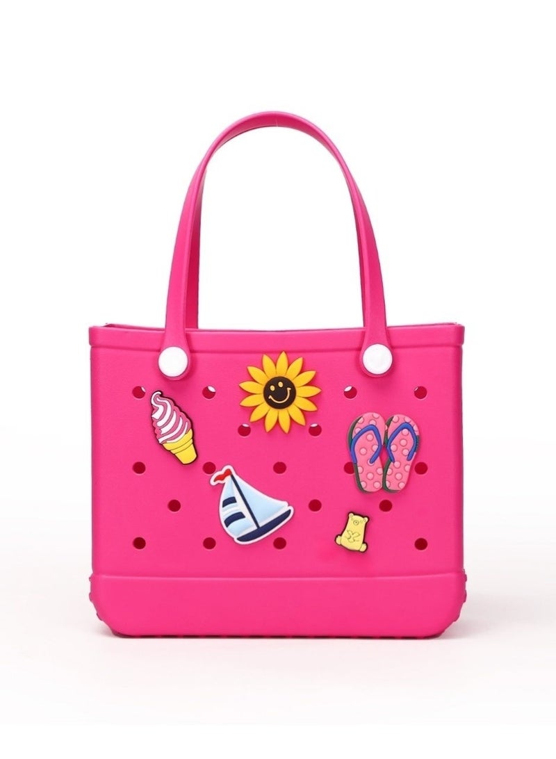 EVA Rubber Beach Tote Bag with 5 Summer Charms | Waterproof, Durable & Easy-to-Clean | Spacious Summer Beach Bag for Women & Family | (Magenta- Medium) & Durable EVA Beach Bag for Kids | Colorful, Water-Resistant Children's Book Bag with Fun Fixed Charms | Comfortable & Easy to Clean | (Magenta) Bundle - Image 2