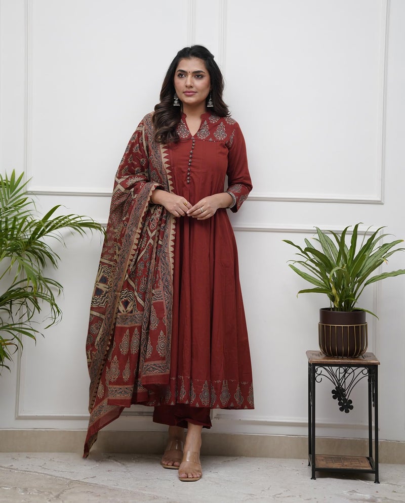 GoSriKi Women's Rayon Viscose Anarkali Printed Kurta Pant with Dupatta (Chami Maroon-GS_L_Maroon_Large) - Image 4