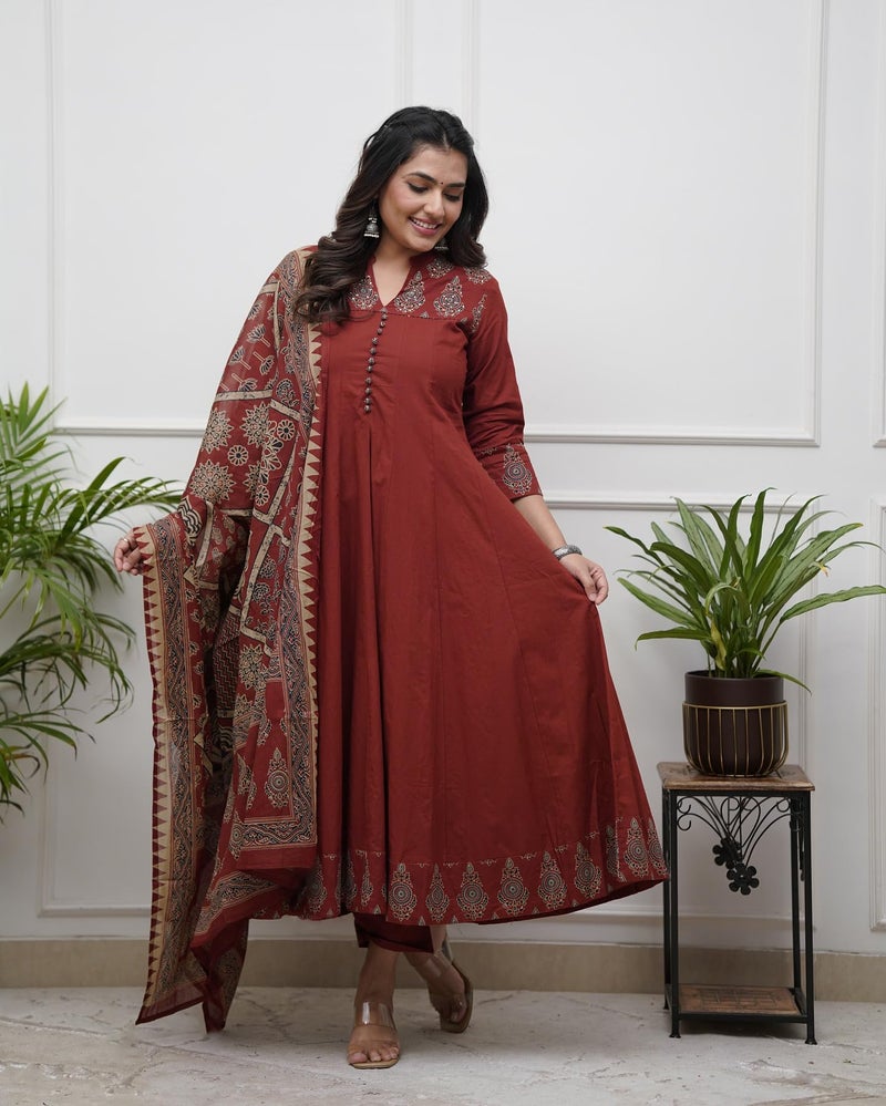 GoSriKi Women's Rayon Viscose Anarkali Printed Kurta Pant with Dupatta (Chami Maroon-GS_L_Maroon_Large) - Image 2
