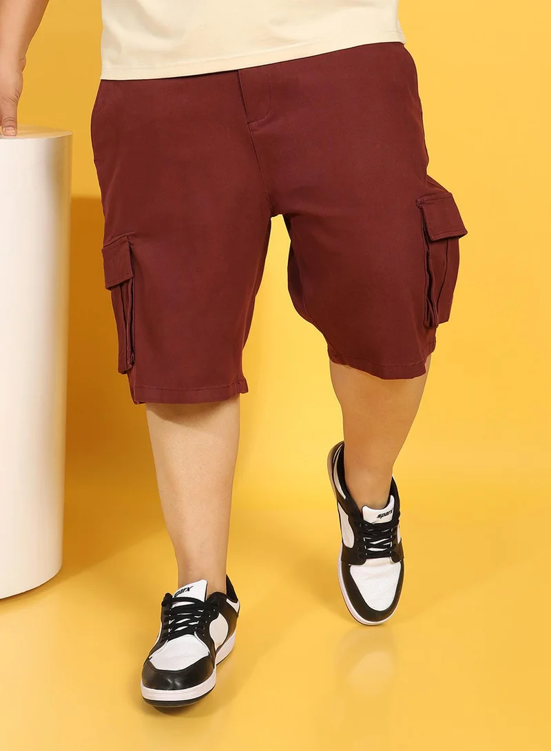 Instafab Plus Instafab Plus Men's Maroon Cargo Shorts For Casual Wear | 6 Pockets | Plus Size Fit | Button Closure | Cotton Poly Cargo Shorts Crafted With Comfort Fit For Everyday Wear